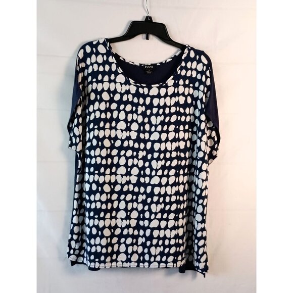 Evans Avenue Plus Size 14 Blue Mixed Media Back Border Top White Dots Flowy - Picture 3 of 6